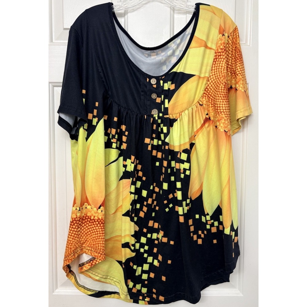 Women's Plus 3XL Black Yellow Orange Floral Round Neck Button Front Top
